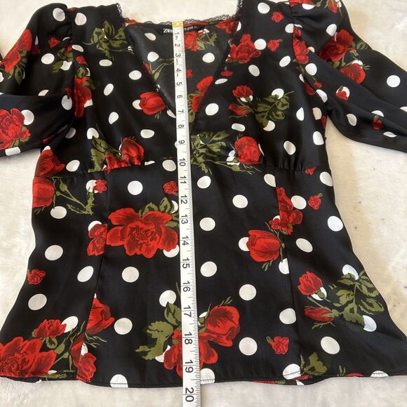 Zara Women Rose Print Long Sleeve Blouse XS Black Polka Dot Lace Trim Side Zip - Picture 4 of 8